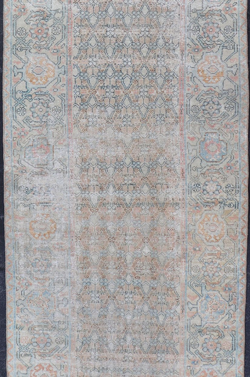 Fine Persian Malayer Runner in Soft Tones of Blue, Salmon, Pink, Peach & Orange Long Persian Malayer runner with small pattern in all - over design. Fine Persian Malayer Runner in soft tones of blue, salmon, pink, peach and orange and earthy tones... - Keivan Woven ArtsSUS - 2012 - 1075 - 14314