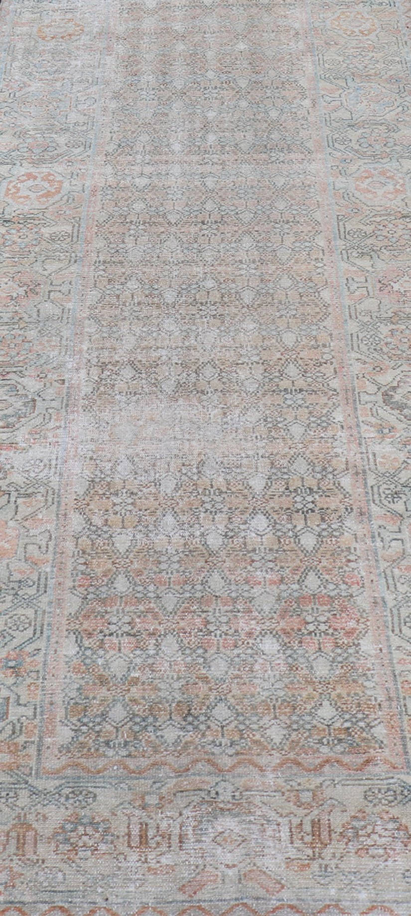 Fine Persian Malayer Runner in Soft Tones of Blue, Salmon, Pink, Peach & Orange Long Persian Malayer runner with small pattern in all - over design. Fine Persian Malayer Runner in soft tones of blue, salmon, pink, peach and orange and earthy tones... - Keivan Woven ArtsSUS - 2012 - 1075 - 14314