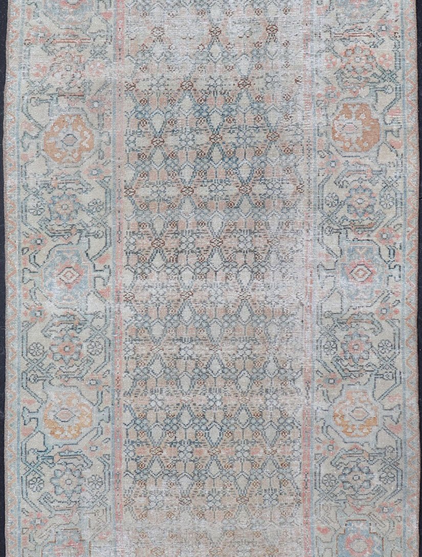 Fine Persian Malayer Runner in Soft Tones of Blue, Salmon, Pink, Peach & Orange Long Persian Malayer runner with small pattern in all - over design. Fine Persian Malayer Runner in soft tones of blue, salmon, pink, peach and orange and earthy tones... - Keivan Woven ArtsSUS - 2012 - 1075 - 14314