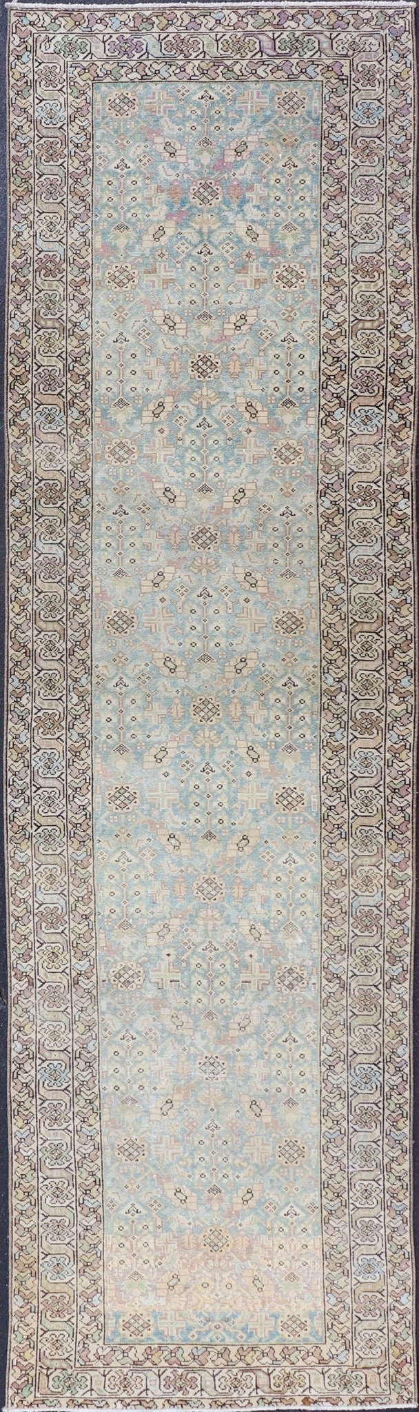 Antique Persian Malayer Runner with Sub - Geometric Design in Blue and Brown Tones Long antique Persian Malayer runner with sub - geometric design. Intricately designed antique Malayer runner in light tones, Keivan Woven Arts rug/SUS - 2007 - 1287, coun... - Keivan Woven ArtsSUS - 2012 - 188 - 14270Rug