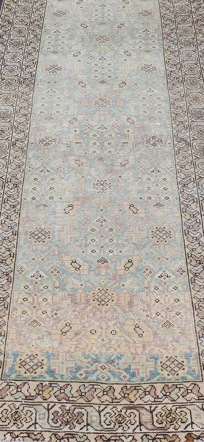 Antique Persian Malayer Runner with Sub - Geometric Design in Blue and Brown Tones Long antique Persian Malayer runner with sub - geometric design. Intricately designed antique Malayer runner in light tones, Keivan Woven Arts rug/SUS - 2007 - 1287, coun... - Keivan Woven ArtsSUS - 2012 - 188 - 14270