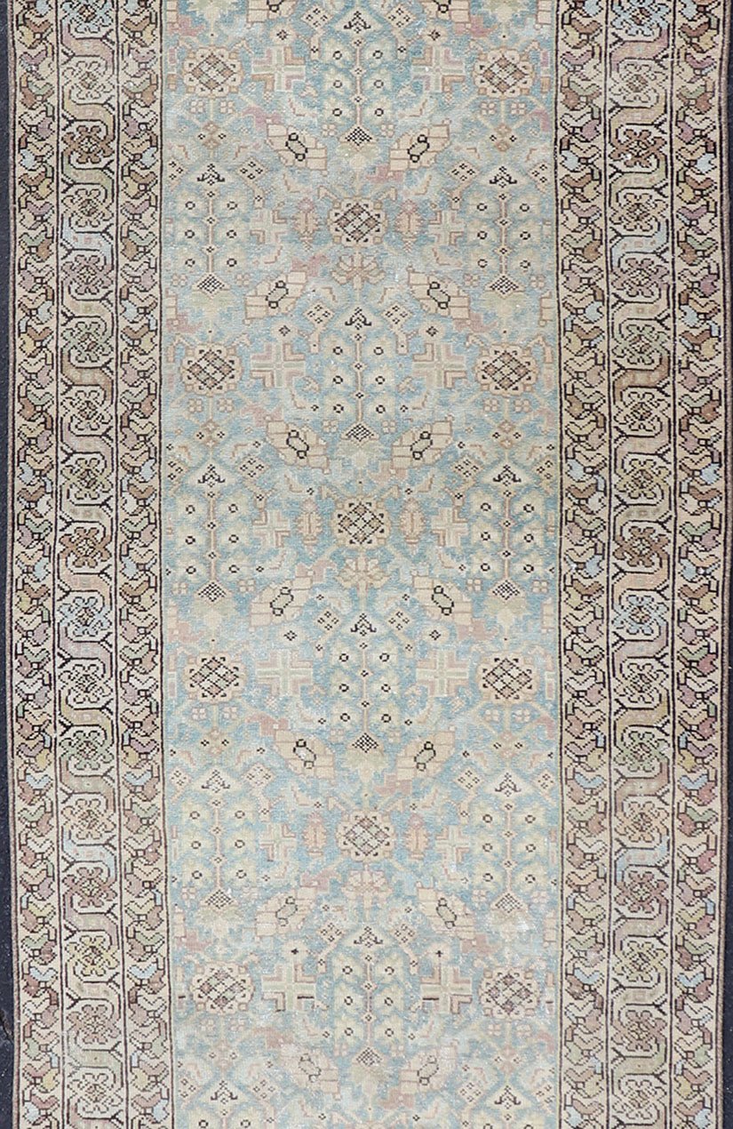 Antique Persian Malayer Runner with Sub - Geometric Design in Blue and Brown Tones Long antique Persian Malayer runner with sub - geometric design. Intricately designed antique Malayer runner in light tones, Keivan Woven Arts rug/SUS - 2007 - 1287, coun... - Keivan Woven ArtsSUS - 2012 - 188 - 14270