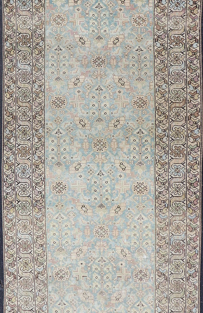 Antique Persian Malayer Runner with Sub - Geometric Design in Blue and Brown Tones Long antique Persian Malayer runner with sub - geometric design. Intricately designed antique Malayer runner in light tones, Keivan Woven Arts rug/SUS - 2007 - 1287, coun... - Keivan Woven ArtsSUS - 2012 - 188 - 14270