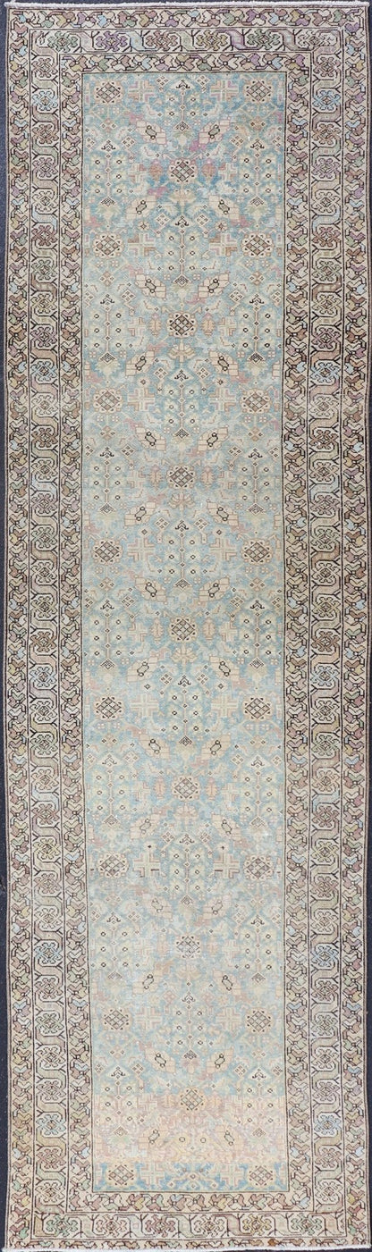 Antique Persian Malayer Runner with Sub - Geometric Design in Blue and Brown Tones Long antique Persian Malayer runner with sub - geometric design. Intricately designed antique Malayer runner in light tones, Keivan Woven Arts rug/SUS - 2007 - 1287, coun... - Keivan Woven ArtsSUS - 2012 - 188 - 14270