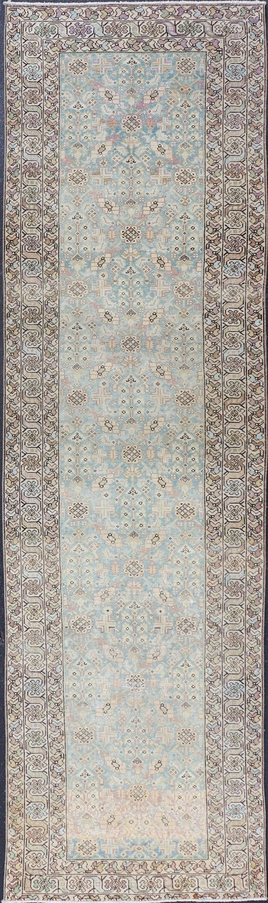 Antique Persian Malayer Runner with Sub - Geometric Design in Blue and Brown Tones Long antique Persian Malayer runner with sub - geometric design. Intricately designed antique Malayer runner in light tones, Keivan Woven Arts rug/SUS - 2007 - 1287, coun... - Keivan Woven ArtsSUS - 2012 - 188 - 14270