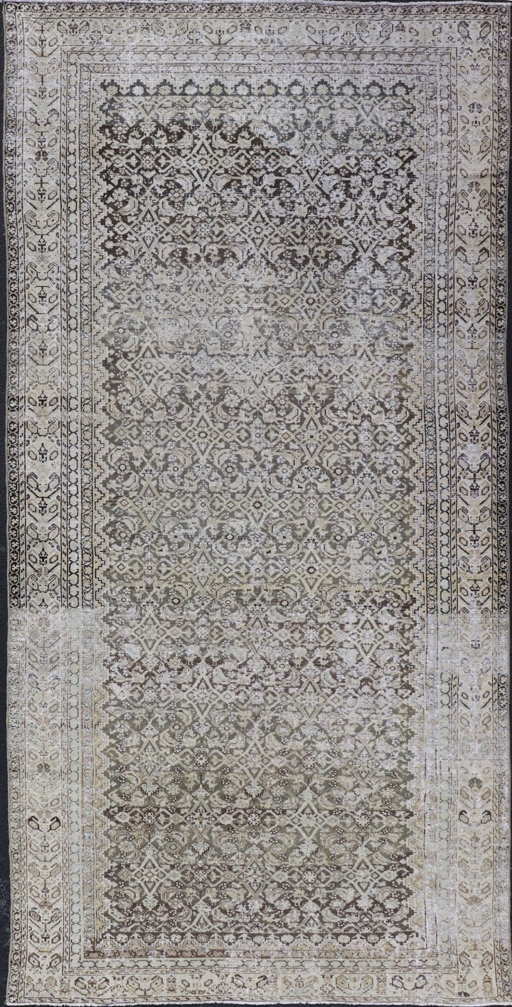 Gray & Charcoal Antique Distressed Persian Malayer Gallery Rug with All - Over Herati Design. All - over Herati motif design Persian distressed antique Malayer Gallery rug in tones of gray, charcoal and neutrals rug SUS - 2012 - 272, country of origin /... - Keivan Woven ArtsSUS - 2012 - 272 - 14274