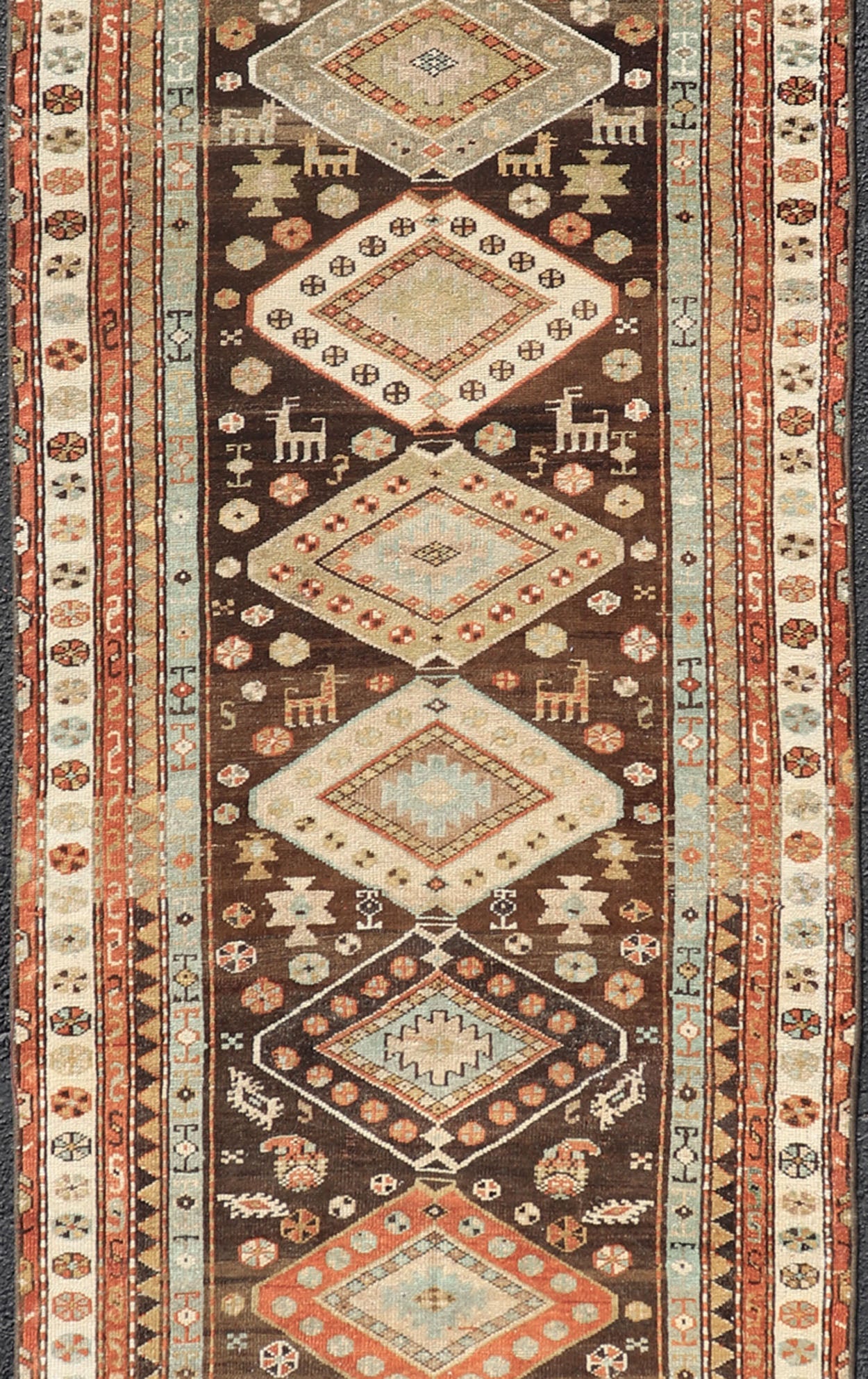 Long Persian Kurdish Runner with Medallion Design in Brown, Orange and Cream Antique Persian Kurdish long runner with tribal medallions, Keivan Woven Arts rug/SUS - 1908 - 115, country of origin / type: Iran or Kurdish, circa 1910. Long Persian Ku... - Keivan Woven ArtsSUS - 2012 - 660 - 14278Rug