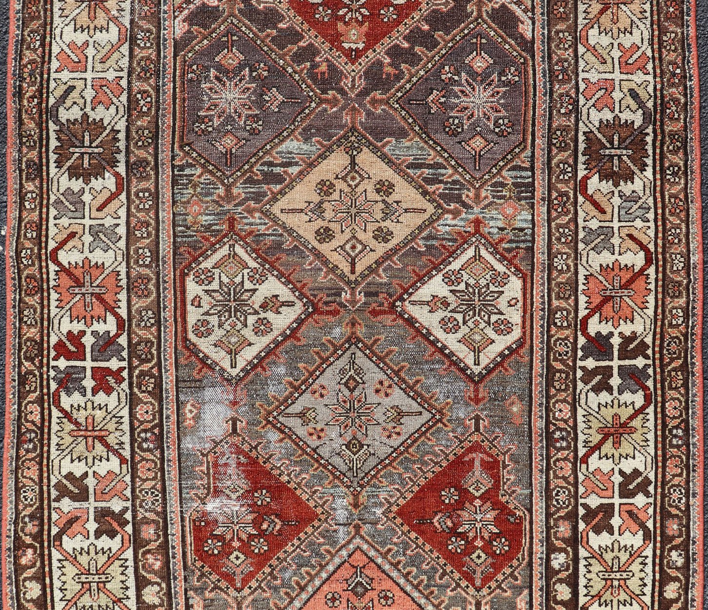 Beautiful Antique Persian Bakhitari Rug in Diamond Patten in Gray & Multi Colors. antique Bakhtiari rug in Geometric motifs and diamond design in the background. the background is composed of light and medium gray, red, green, yellow, salmon, cream... - Keivan Woven ArtsSUS - 2012 - 693 - 14282