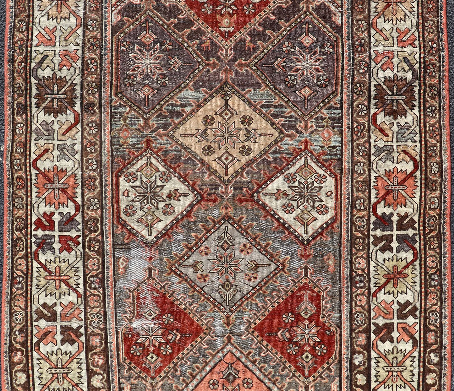 Beautiful Antique Persian Bakhitari Rug in Diamond Patten in Gray & Multi Colors. antique Bakhtiari rug in Geometric motifs and diamond design in the background. the background is composed of light and medium gray, red, green, yellow, salmon, cream... - Keivan Woven ArtsSUS - 2012 - 693 - 14282Rug
