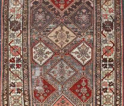 Beautiful Antique Persian Bakhitari Rug in Diamond Patten in Gray & Multi Colors. antique Bakhtiari rug in Geometric motifs and diamond design in the background. the background is composed of light and medium gray, red, green, yellow, salmon, cream... - Keivan Woven ArtsSUS - 2012 - 693 - 14282Rug