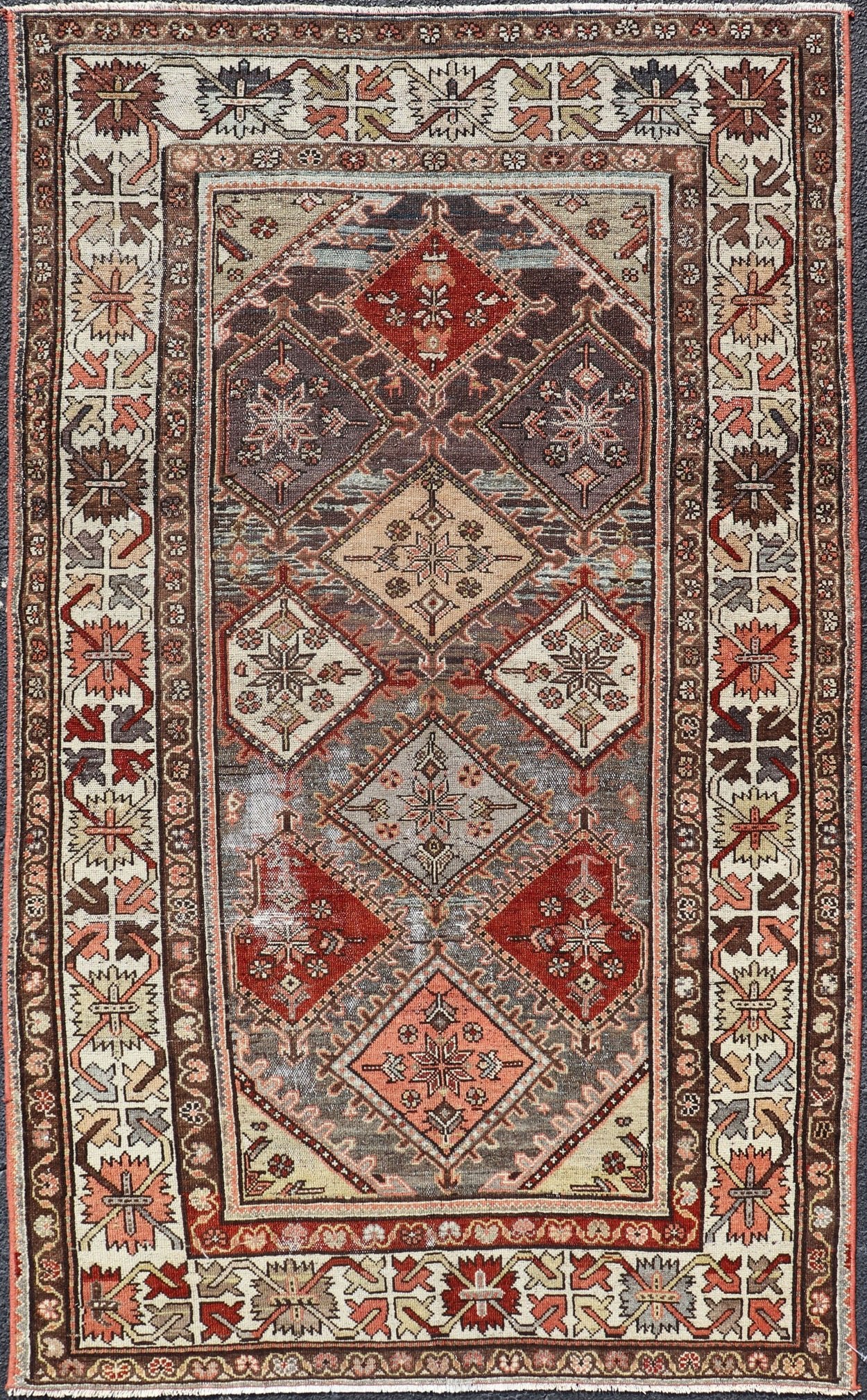 Beautiful Antique Persian Bakhitari Rug in Diamond Patten in Gray & Multi Colors. antique Bakhtiari rug in Geometric motifs and diamond design in the background. the background is composed of light and medium gray, red, green, yellow, salmon, cream... - Keivan Woven ArtsSUS - 2012 - 693 - 14282