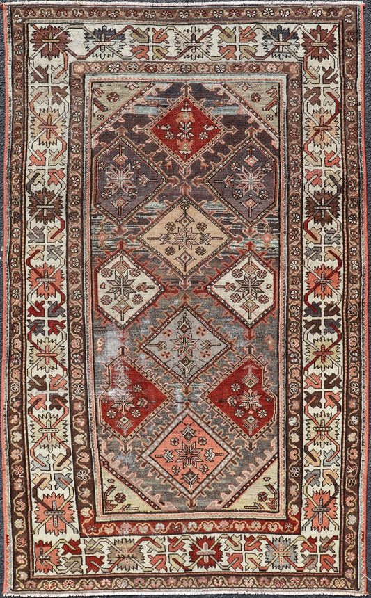 Beautiful Antique Persian Bakhitari Rug in Diamond Patten in Gray & Multi Colors. antique Bakhtiari rug in Geometric motifs and diamond design in the background. the background is composed of light and medium gray, red, green, yellow, salmon, cream... - Keivan Woven ArtsSUS - 2012 - 693 - 14282