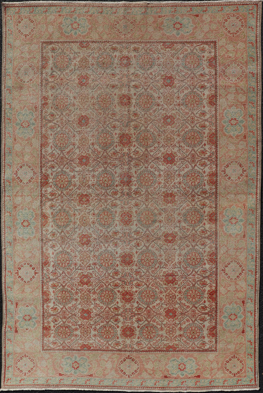 Persian Tabriz Rug with Boteh Design in Cream, Coral, Light Green/ Blue Antique Persian Tabriz rug with all - over floral design in light blue/ light green, salmon, coral, red - coral, and cream rug SUS - 2012 - 697, country of origin / type: Iran / Tab... - Keivan Woven ArtsSUS - 2012 - 697 - 14286