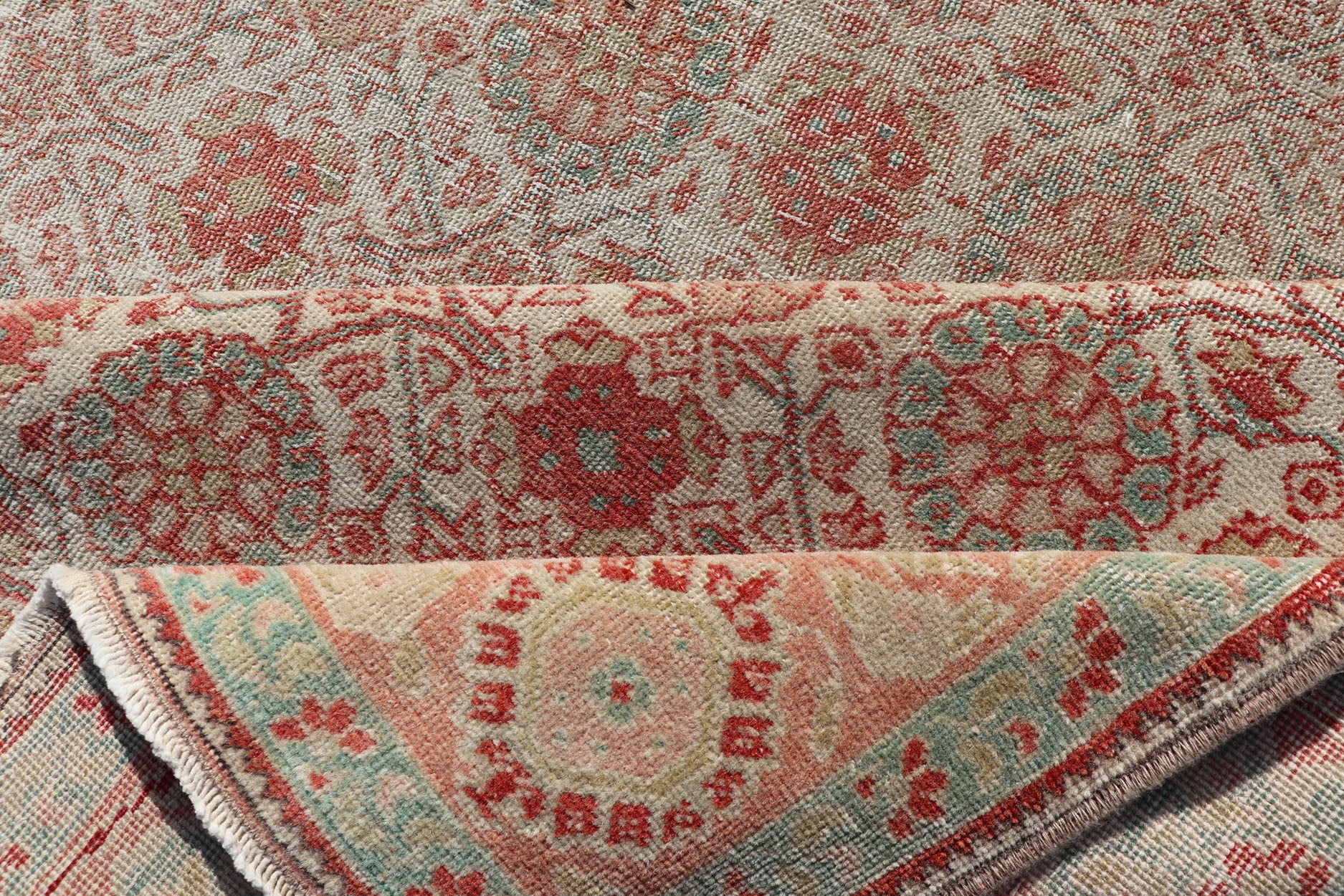 Persian Tabriz Rug with Boteh Design in Cream, Coral, Light Green/ Blue Antique Persian Tabriz rug with all - over floral design in light blue/ light green, salmon, coral, red - coral, and cream rug SUS - 2012 - 697, country of origin / type: Iran / Tab... - Keivan Woven ArtsSUS - 2012 - 697 - 14286Rug