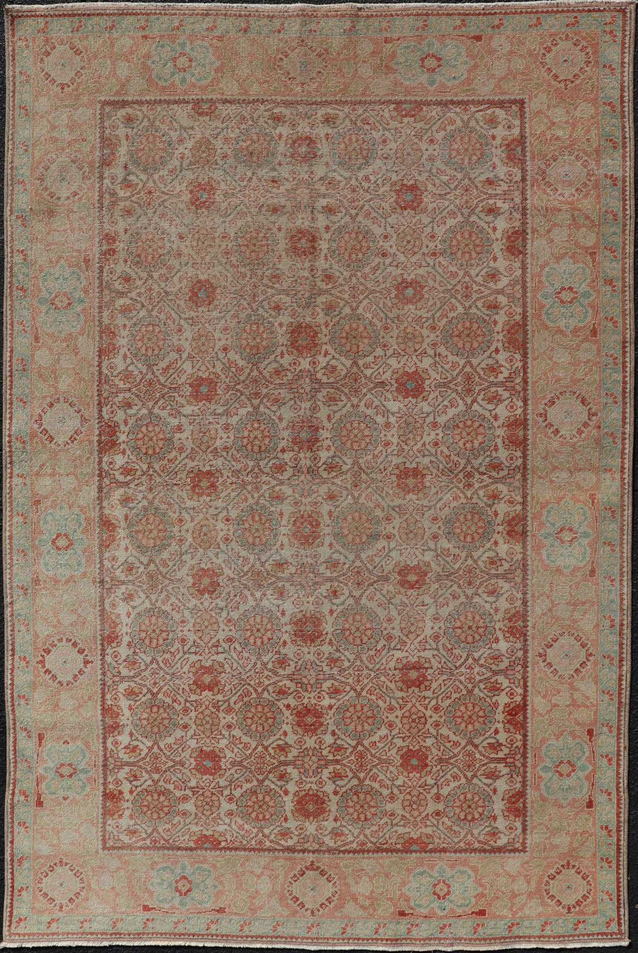 Persian Tabriz Rug with Boteh Design in Cream, Coral, Light Green/ Blue Antique Persian Tabriz rug with all - over floral design in light blue/ light green, salmon, coral, red - coral, and cream rug SUS - 2012 - 697, country of origin / type: Iran / Tab... - Keivan Woven ArtsSUS - 2012 - 697 - 14286Rug