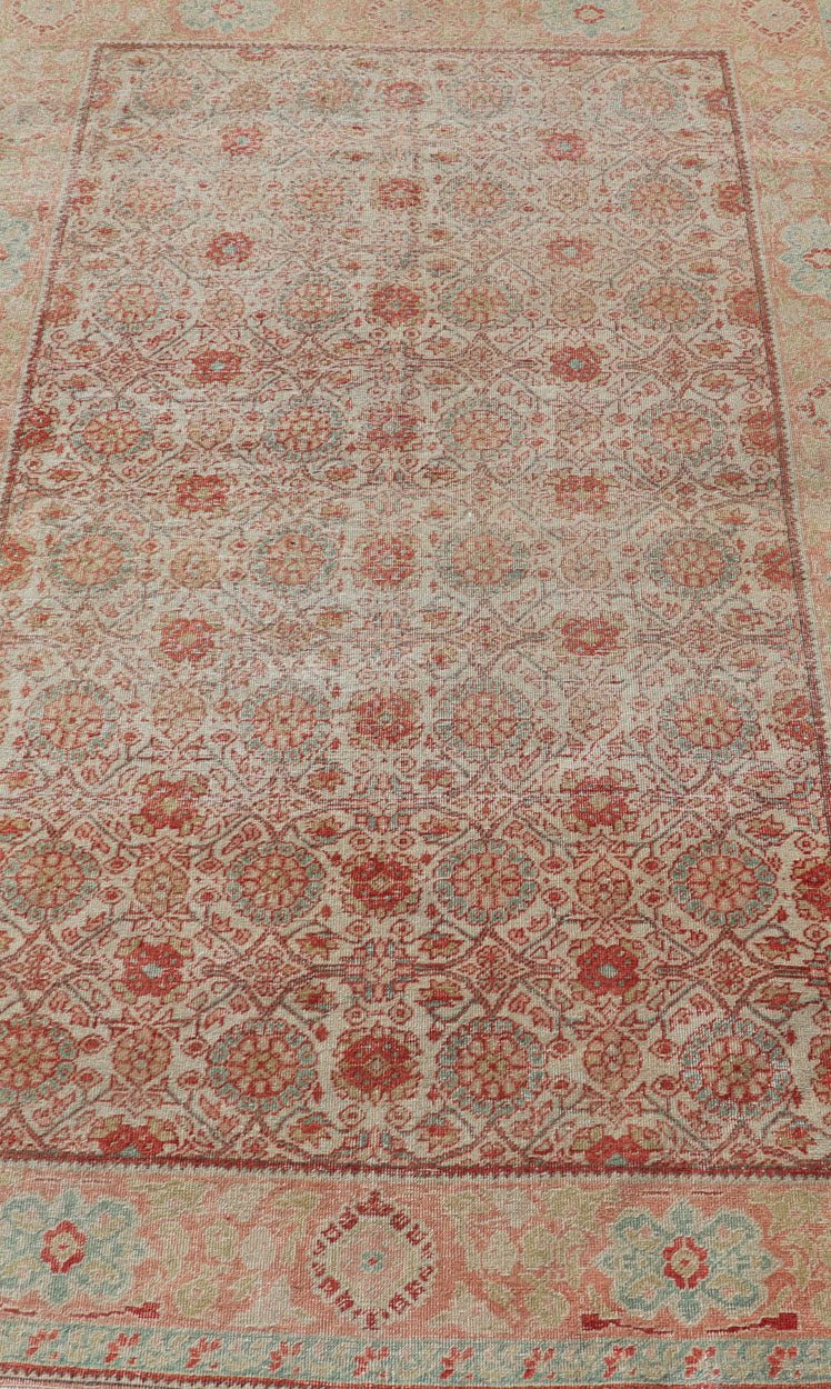 Persian Tabriz Rug with Boteh Design in Cream, Coral, Light Green/ Blue Antique Persian Tabriz rug with all - over floral design in light blue/ light green, salmon, coral, red - coral, and cream rug SUS - 2012 - 697, country of origin / type: Iran / Tab... - Keivan Woven ArtsSUS - 2012 - 697 - 14286Rug