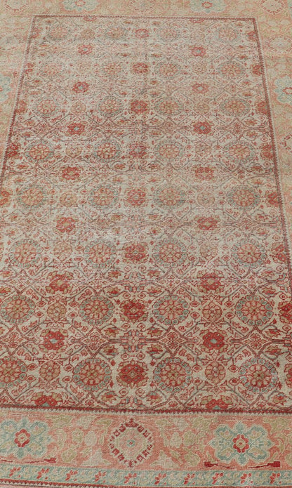 Persian Tabriz Rug with Boteh Design in Cream, Coral, Light Green/ Blue Antique Persian Tabriz rug with all - over floral design in light blue/ light green, salmon, coral, red - coral, and cream rug SUS - 2012 - 697, country of origin / type: Iran / Tab... - Keivan Woven ArtsSUS - 2012 - 697 - 14286Rug