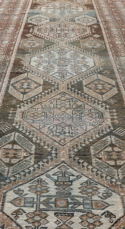Antique Persian Hamadan Long Runner in Brown, Gray and Charcoal Background. Long Runner, Persian Hamadan antique Runner with all - over Diamond and geometric design in Brown, Charcoal and light blue/gray background. Other colors include Khaki, Ta... - Keivan Woven ArtsSUS - 2012 - 739 - 14290