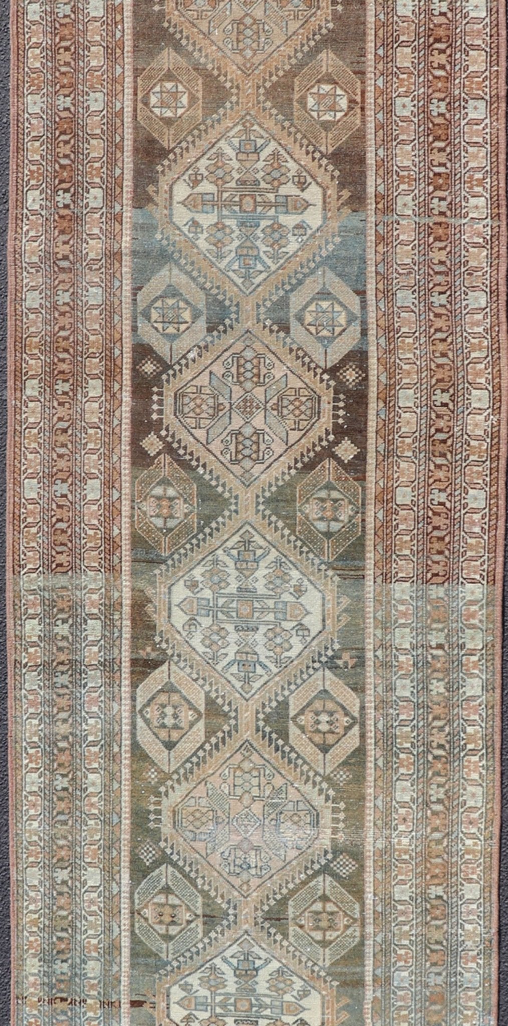 Antique Persian Hamadan Long Runner in Brown, Gray and Charcoal Background. Long Runner, Persian Hamadan antique Runner with all - over Diamond and geometric design in Brown, Charcoal and light blue/gray background. Other colors include Khaki, Ta... - Keivan Woven ArtsSUS - 2012 - 739 - 14290Rug