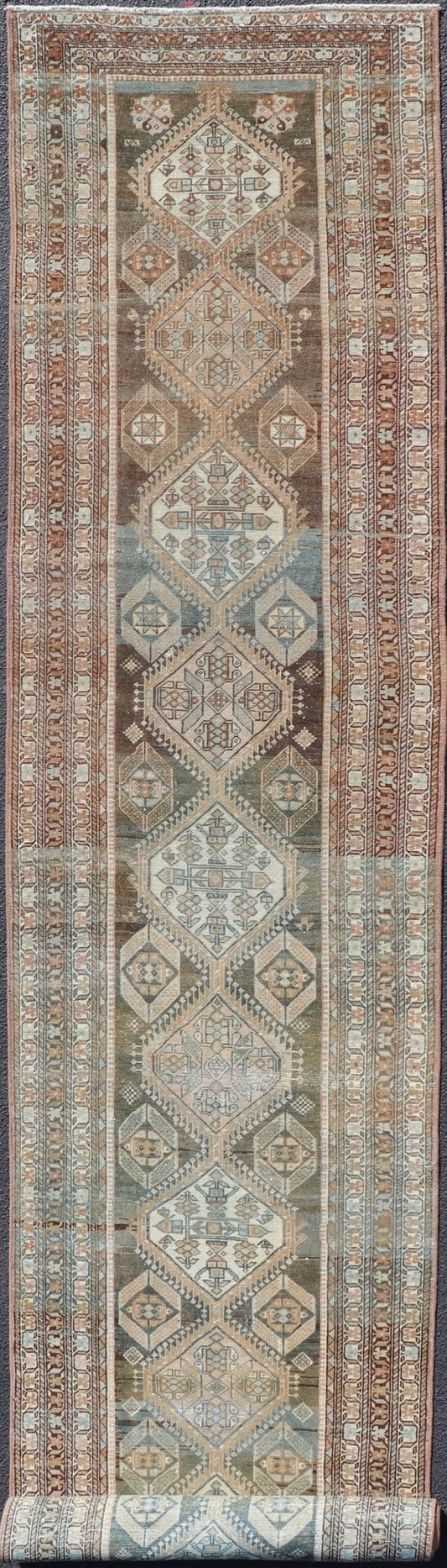 Antique Persian Hamadan Long Runner in Brown, Gray and Charcoal Background. Long Runner, Persian Hamadan antique Runner with all - over Diamond and geometric design in Brown, Charcoal and light blue/gray background. Other colors include Khaki, Ta... - Keivan Woven ArtsSUS - 2012 - 739 - 14290Rug