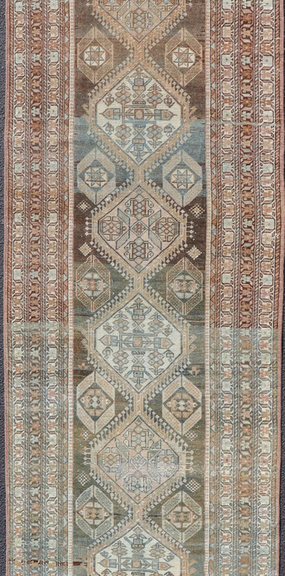 Antique Persian Hamadan Long Runner in Brown, Gray and Charcoal Background. Long Runner, Persian Hamadan antique Runner with all - over Diamond and geometric design in Brown, Charcoal and light blue/gray background. Other colors include Khaki, Ta... - Keivan Woven ArtsSUS - 2012 - 739 - 14290