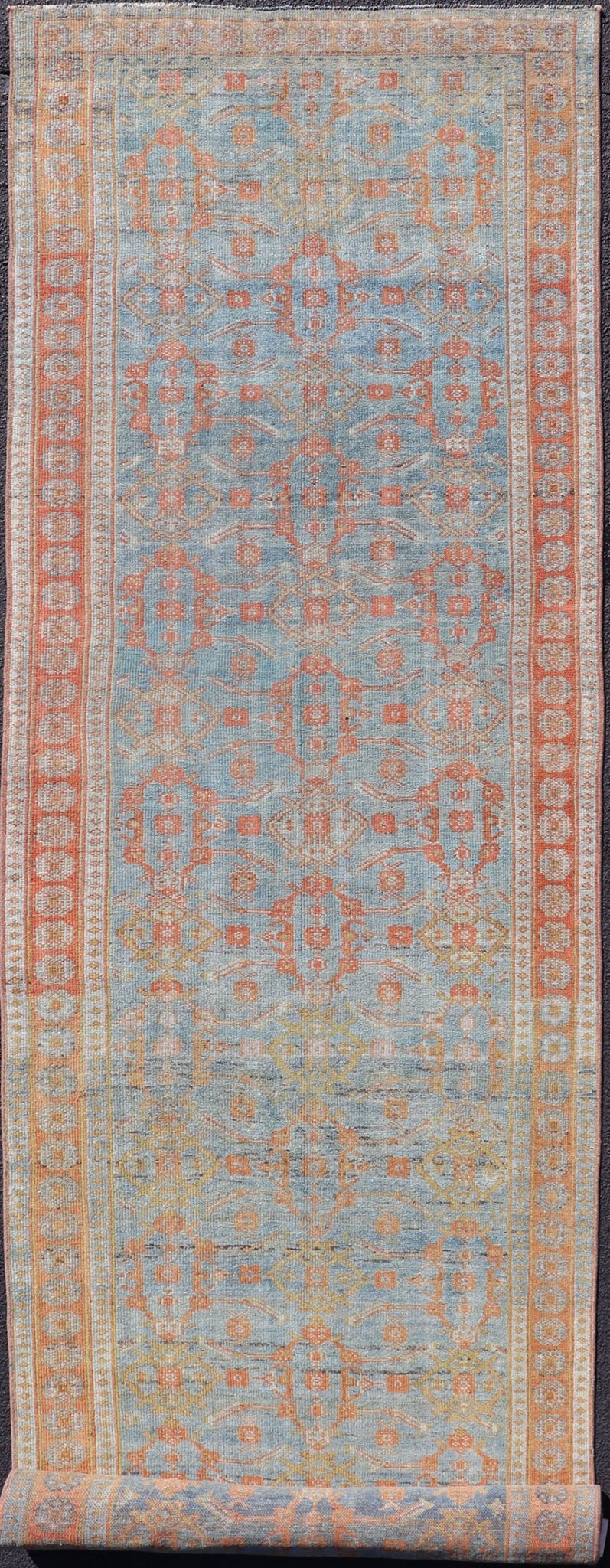 Antique Persian Long Runner with Blossoming Geometric Design in Light Blue. Ornate all over sub geometric design Bidjar antique Persian long runner in light blue, rust, soft red a variety of colors, rug SUS - 2012 - 827, country of origin / type: ... - Keivan Woven ArtsSUS - 2012 - 827 - 14302Rug