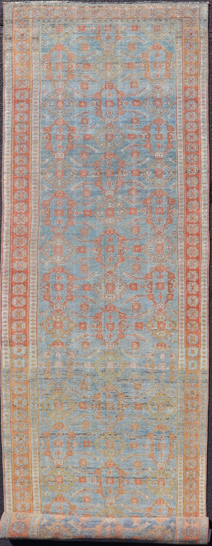 Antique Persian Long Runner with Blossoming Geometric Design in Light Blue. Ornate all over sub geometric design Bidjar antique Persian long runner in light blue, rust, soft red a variety of colors, rug SUS - 2012 - 827, country of origin / type: ... - Keivan Woven ArtsSUS - 2012 - 827 - 14302Rug