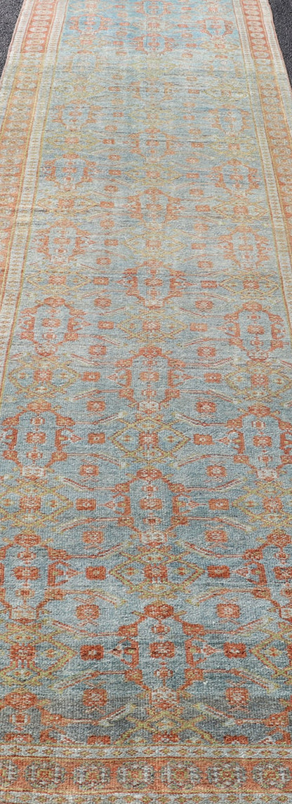 Antique Persian Long Runner with Blossoming Geometric Design in Light Blue. Ornate all over sub geometric design Bidjar antique Persian long runner in light blue, rust, soft red a variety of colors, rug SUS - 2012 - 827, country of origin / type: ... - Keivan Woven ArtsSUS - 2012 - 827 - 14302Rug
