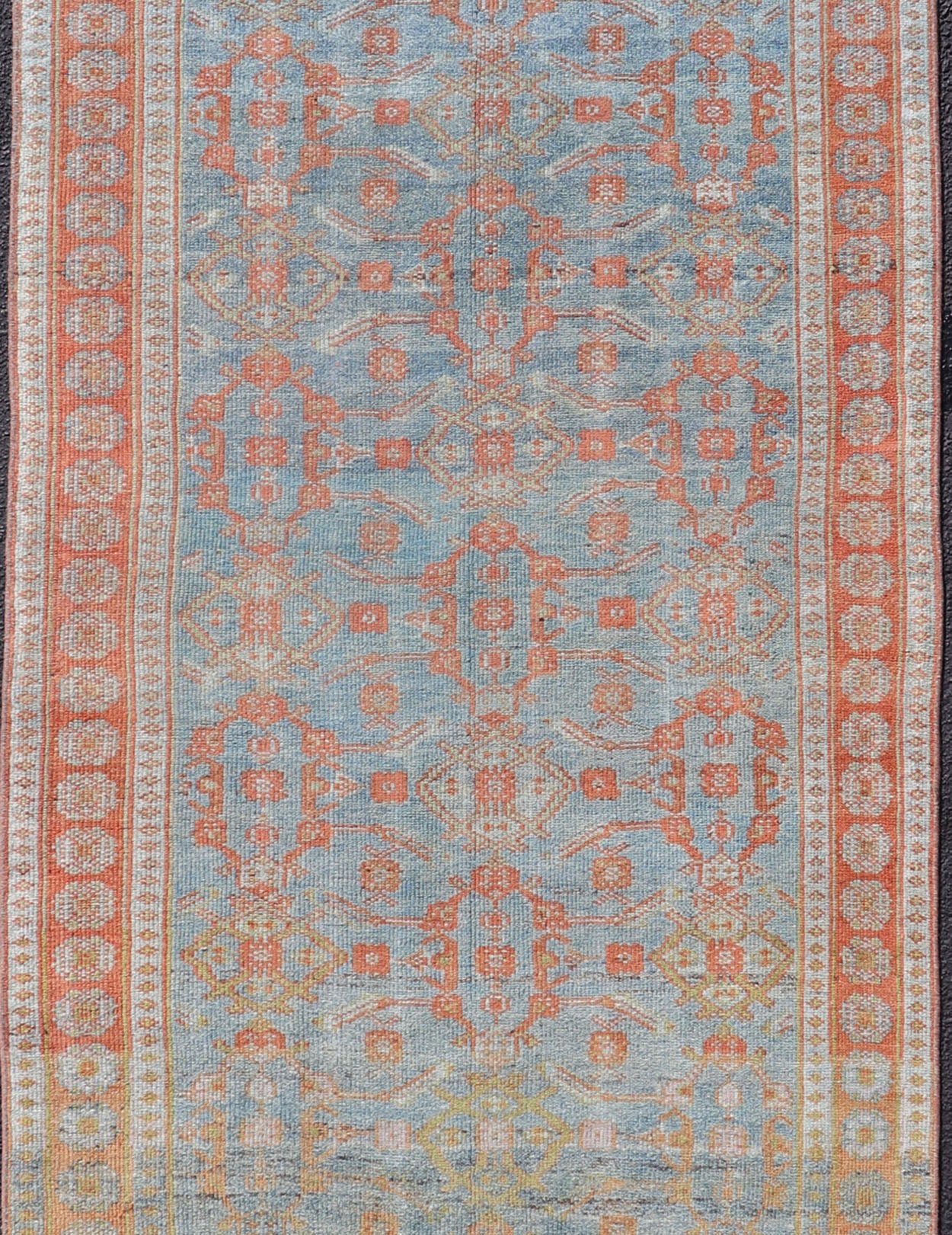 Antique Persian Long Runner with Blossoming Geometric Design in Light Blue. Ornate all over sub geometric design Bidjar antique Persian long runner in light blue, rust, soft red a variety of colors, rug SUS - 2012 - 827, country of origin / type: ... - Keivan Woven ArtsSUS - 2012 - 827 - 14302Rug