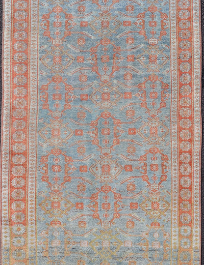 Antique Persian Long Runner with Blossoming Geometric Design in Light Blue. Ornate all over sub geometric design Bidjar antique Persian long runner in light blue, rust, soft red a variety of colors, rug SUS - 2012 - 827, country of origin / type: ... - Keivan Woven ArtsSUS - 2012 - 827 - 14302Rug