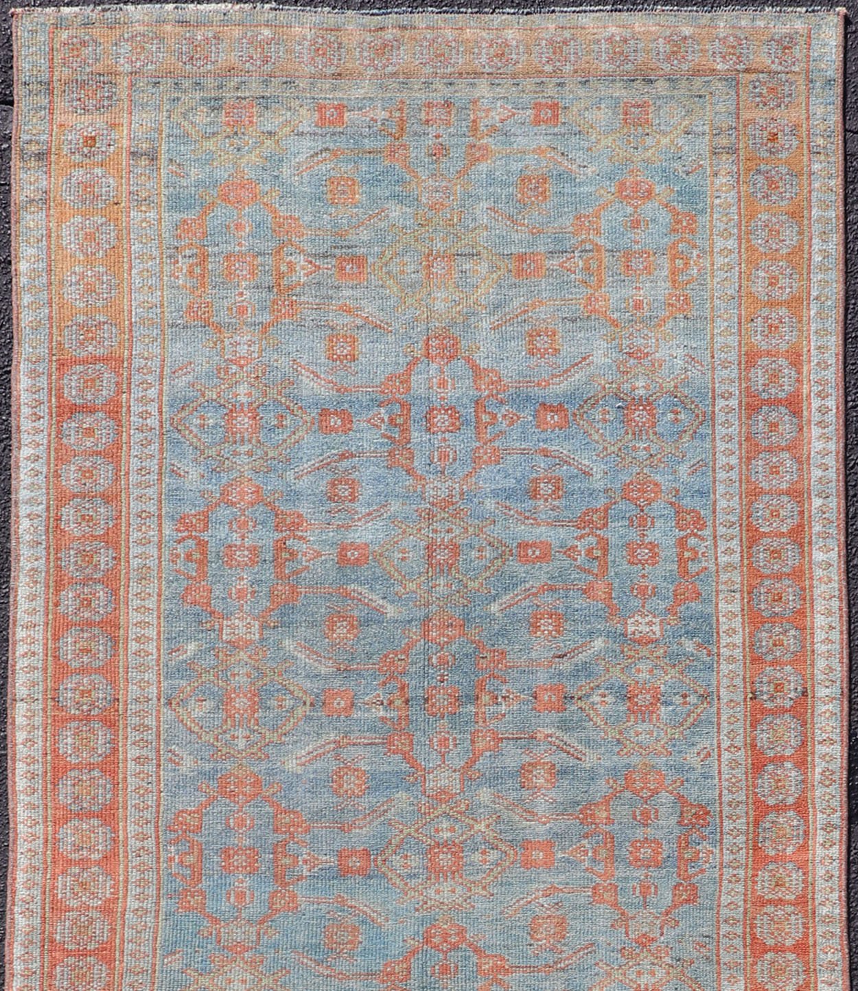 Antique Persian Long Runner with Blossoming Geometric Design in Light Blue. Ornate all over sub geometric design Bidjar antique Persian long runner in light blue, rust, soft red a variety of colors, rug SUS - 2012 - 827, country of origin / type: ... - Keivan Woven ArtsSUS - 2012 - 827 - 14302Rug
