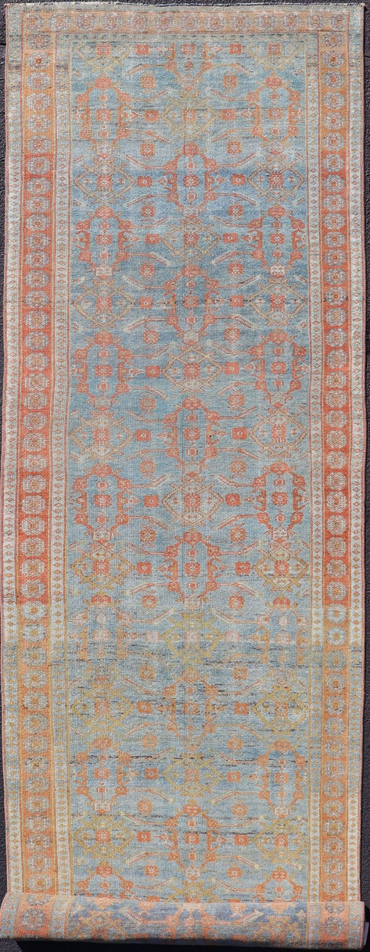 Antique Persian Long Runner with Blossoming Geometric Design in Light Blue. Ornate all over sub geometric design Bidjar antique Persian long runner in light blue, rust, soft red a variety of colors, rug SUS - 2012 - 827, country of origin / type: ... - Keivan Woven ArtsSUS - 2012 - 827 - 14302