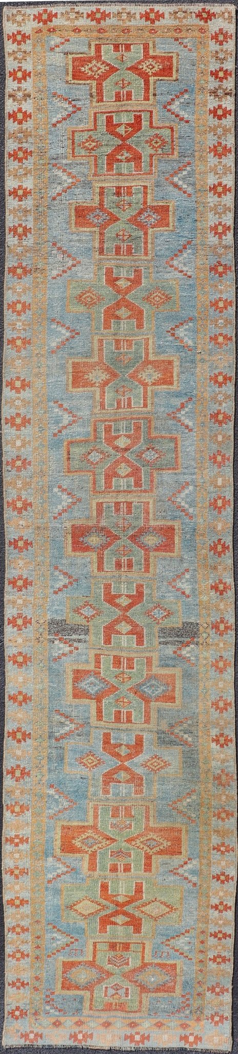 Geometric Medallions Design Antique Persian Heriz narrow Runner in Blue, Green and Red. Green, light Blue and red Persian antique Heriz Runner with sub - geometric Paisley design, Keivan Woven Arts/rug SUS - 2012 - 925, country of origin or type: Iran... - Keivan Woven ArtsSUS - 2012 - 925 - 14306