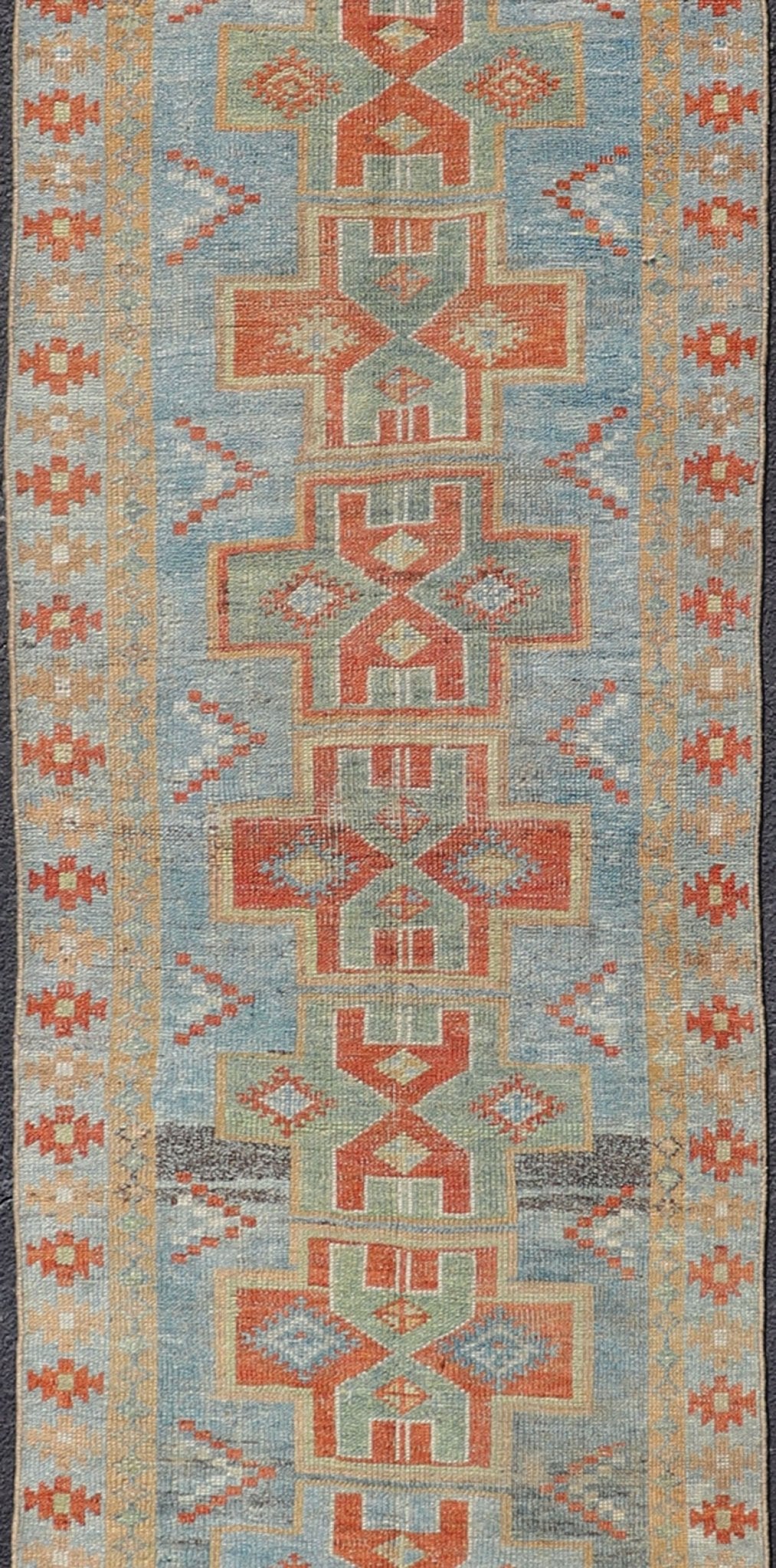 Geometric Medallions Design Antique Persian Heriz narrow Runner in Blue, Green and Red. Green, light Blue and red Persian antique Heriz Runner with sub - geometric Paisley design, Keivan Woven Arts/rug SUS - 2012 - 925, country of origin or type: Iran... - Keivan Woven ArtsSUS - 2012 - 925 - 14306