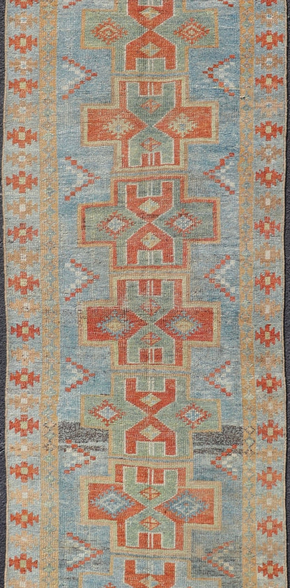 Geometric Medallions Design Antique Persian Heriz narrow Runner in Blue, Green and Red. Green, light Blue and red Persian antique Heriz Runner with sub - geometric Paisley design, Keivan Woven Arts/rug SUS - 2012 - 925, country of origin or type: Iran... - Keivan Woven ArtsSUS - 2012 - 925 - 14306