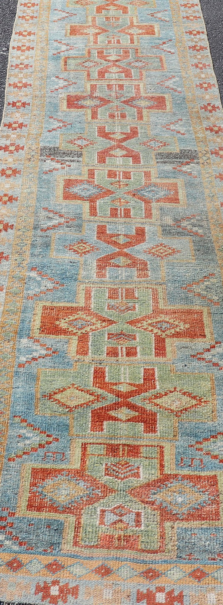 Geometric Medallions Design Antique Persian Heriz narrow Runner in Blue, Green and Red. Green, light Blue and red Persian antique Heriz Runner with sub - geometric Paisley design, Keivan Woven Arts/rug SUS - 2012 - 925, country of origin or type: Iran... - Keivan Woven ArtsSUS - 2012 - 925 - 14306