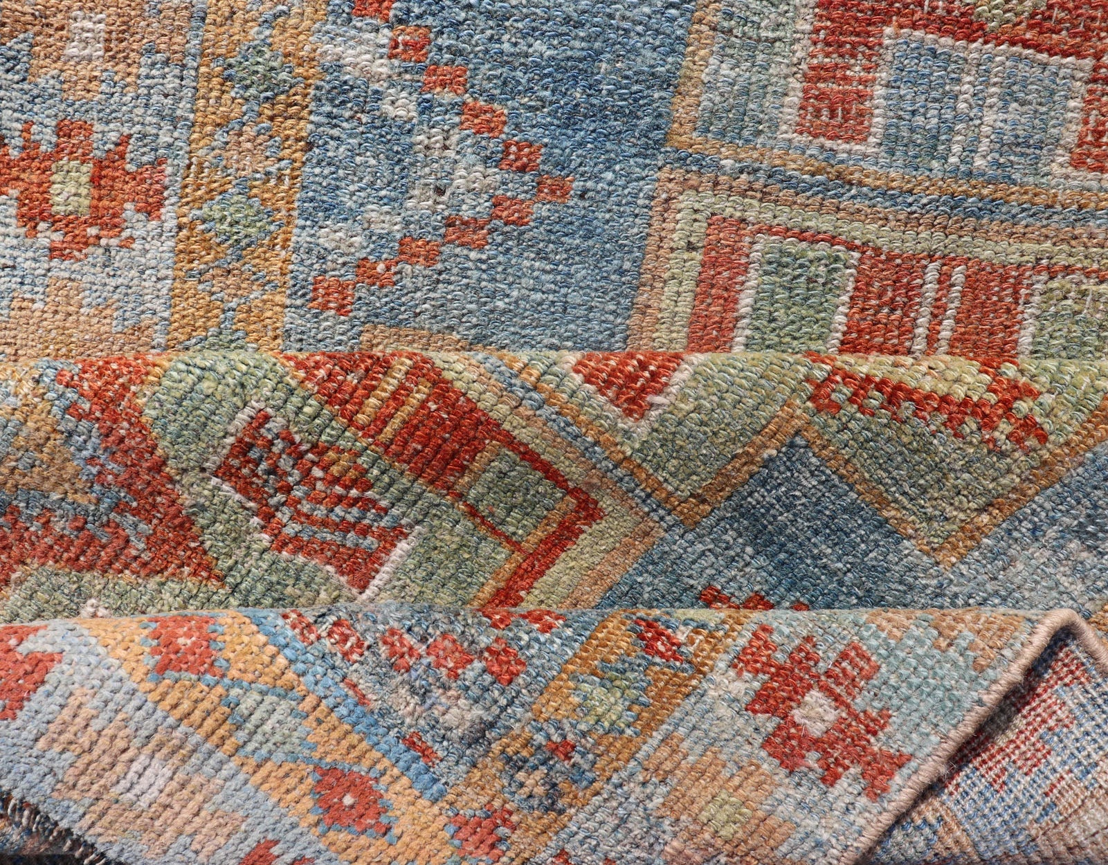 Geometric Medallions Design Antique Persian Heriz narrow Runner in Blue, Green and Red. Green, light Blue and red Persian antique Heriz Runner with sub - geometric Paisley design, Keivan Woven Arts/rug SUS - 2012 - 925, country of origin or type: Iran... - Keivan Woven ArtsSUS - 2012 - 925 - 14306