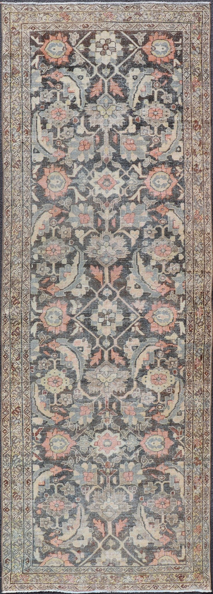 Blossoming All - Over Floral Antique Persian Sultanabad Gallery In Gray and Pink Blossoming all over large scale Herati design antique Persian Sultanabad runner in brown, charcoal and D. gray field, Keivan Woven Arts/rug SUS - 2012 - 927, country of ... - Keivan Woven ArtsSUS - 2012 - 927 - 14310