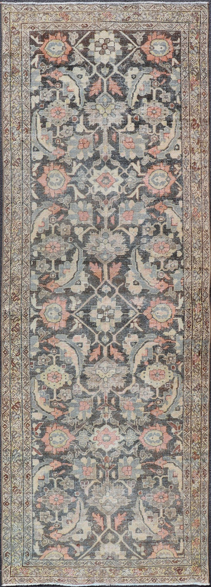 Blossoming All - Over Floral Antique Persian Sultanabad Gallery In Gray and Pink Blossoming all over large scale Herati design antique Persian Sultanabad runner in brown, charcoal and D. gray field, Keivan Woven Arts/rug SUS - 2012 - 927, country of ... - Keivan Woven ArtsSUS - 2012 - 927 - 14310