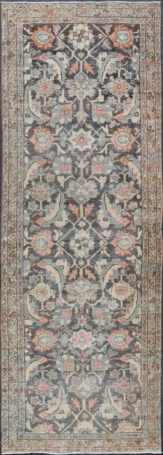 Blossoming All - Over Floral Antique Persian Sultanabad Gallery In Gray and Pink Blossoming all over large scale Herati design antique Persian Sultanabad runner in brown, charcoal and D. gray field, Keivan Woven Arts/rug SUS - 2012 - 927, country of ... - Keivan Woven ArtsSUS - 2012 - 927 - 14310