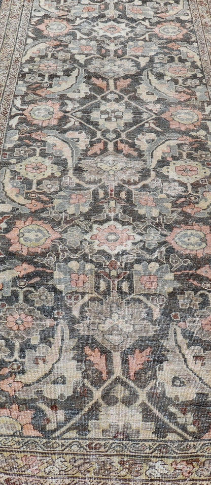 Blossoming All - Over Floral Antique Persian Sultanabad Gallery In Gray and Pink Blossoming all over large scale Herati design antique Persian Sultanabad runner in brown, charcoal and D. gray field, Keivan Woven Arts/rug SUS - 2012 - 927, country of ... - Keivan Woven ArtsSUS - 2012 - 927 - 14310