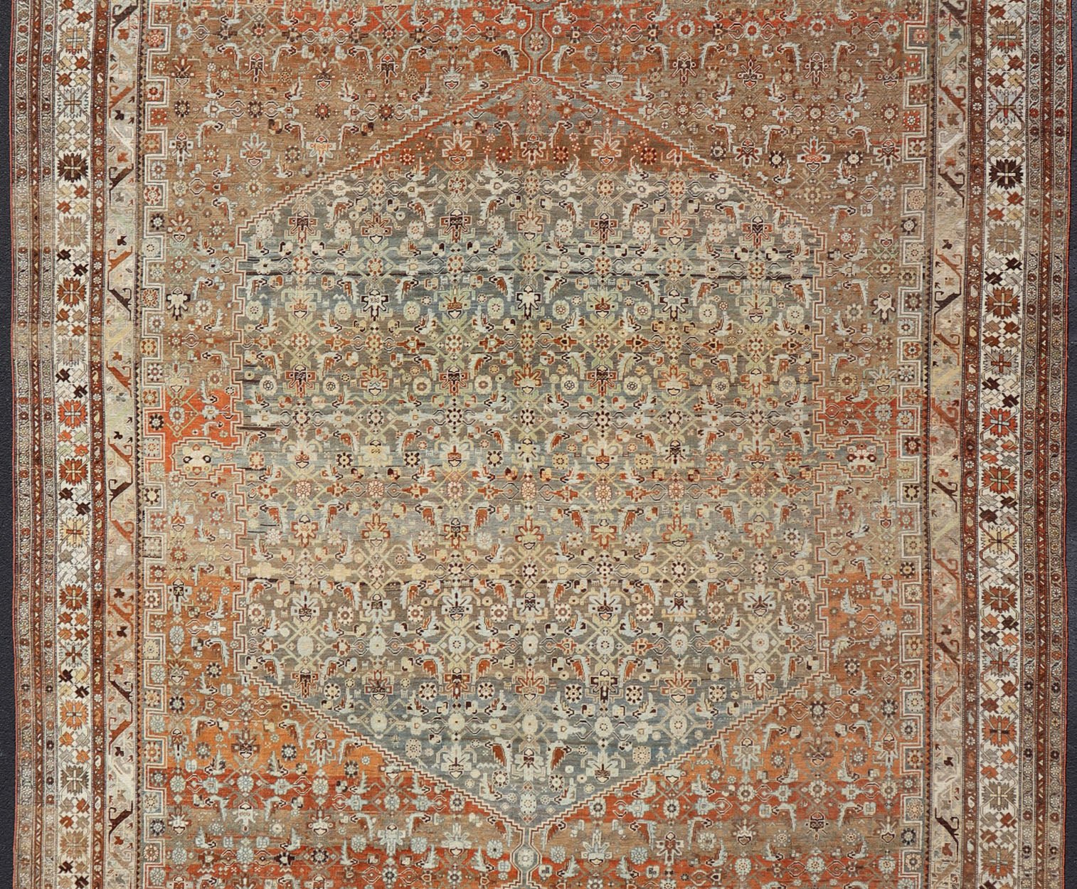 Very Large Antique Persian Bidjar Rug in Gray, taupe green, brown, light Blue, light Orange, Bronze. Very large and substantial Persian antique Bidjar in Light orange - rust, and blue - gray, orange bronze, Taupe green. Measures:14'6 x 24'2 ... - Keivan Woven ArtsSUS - 2101 - 1065 - 14548Rug