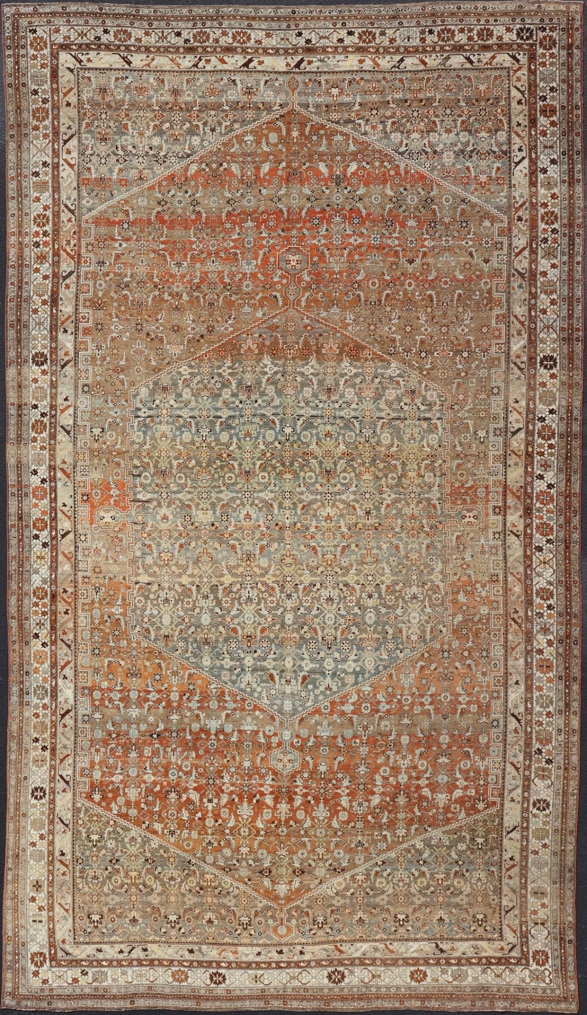 Very Large Antique Persian Bidjar Rug in Gray, taupe green, brown, light Blue, light Orange, Bronze. Very large and substantial Persian antique Bidjar in Light orange - rust, and blue - gray, orange bronze, Taupe green. Measures:14'6 x 24'2 ... - Keivan Woven ArtsSUS - 2101 - 1065 - 14548Rug
