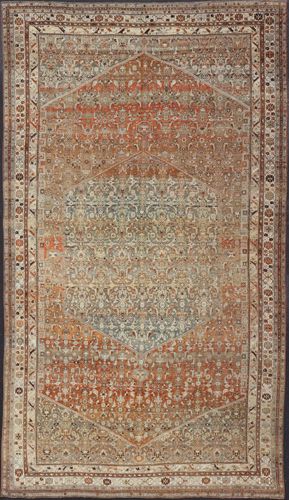 Very Large Antique Persian Bidjar Rug in Gray, taupe green, brown, light Blue, light Orange, Bronze. Very large and substantial Persian antique Bidjar in Light orange - rust, and blue - gray, orange bronze, Taupe green. Measures:14'6 x 24'2 ... - Keivan Woven ArtsSUS - 2101 - 1065 - 14548Rug