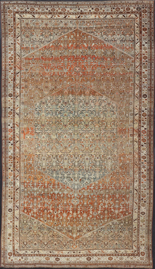 Very Large Antique Persian Bidjar Rug in Gray, taupe green, brown, light Blue, light Orange, Bronze. Very large and substantial Persian antique Bidjar in Light orange - rust, and blue - gray, orange bronze, Taupe green. Measures:14'6 x 24'2 ... - Keivan Woven ArtsSUS - 2101 - 1065 - 14548Rug