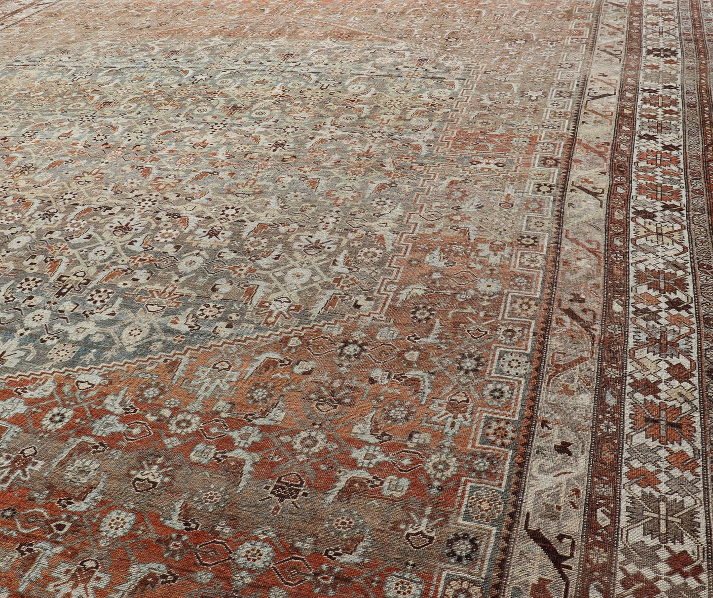 Very Large Antique Persian Bidjar Rug in Gray, taupe green, brown, light Blue, light Orange, Bronze. Very large and substantial Persian antique Bidjar in Light orange - rust, and blue - gray, orange bronze, Taupe green. Measures:14'6 x 24'2 ... - Keivan Woven ArtsSUS - 2101 - 1065 - 14548Rug