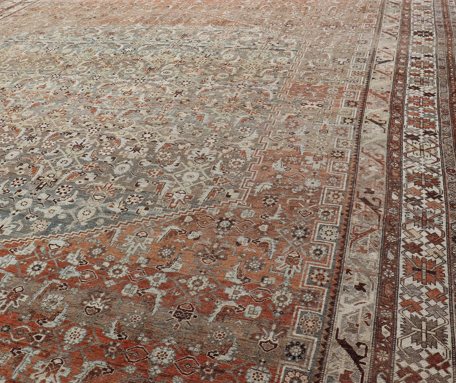 Very Large Antique Persian Bidjar Rug in Gray, taupe green, brown, light Blue, light Orange, Bronze. Very large and substantial Persian antique Bidjar in Light orange - rust, and blue - gray, orange bronze, Taupe green. Measures:14'6 x 24'2 ... - Keivan Woven ArtsSUS - 2101 - 1065 - 14548Rug