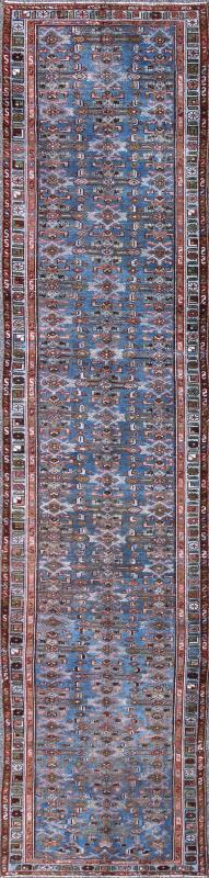 Early 20th Century Long Kurdish Runner with Blue, Red, Green and Salmon Pink kwarugs This antique Kurdish tribal runner was woven by Kurdish weavers in western Persia in the early 20th century. Often they used this repeating latch - hook design in... - Keivan Woven ArtsSUS - 229 - 8413Rug