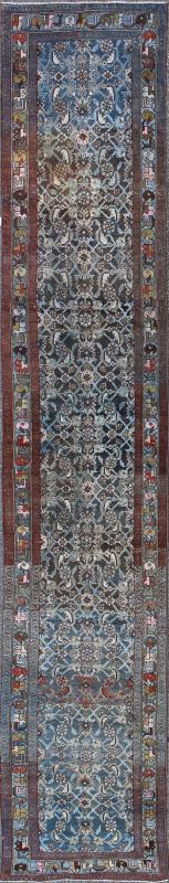 Early 20th Century Very Long Kurdish Runner with Dark/Light Blue, Red and Taupe kwarugs This Kurdish tribal rug was woven by Kurdish weavers in western Persia in the early 20th century. Often they used this repeating latch - hook design in the... - Keivan Woven ArtsSUS - 259 - 8421Rug