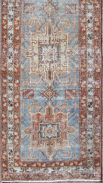 Tribal Medallion Design Heriz Persian Antique Runner in Light Blue and Maroon kwarugs Tribal Medallion Design Heriz Persian Antique Runner in Light Blue and Maroon, rug sus - 4701, country of origin / type: Iran / Heriz Serapi, circa 1910 T... - Keivan Woven ArtsSUS - 4701 - 9128Rug
